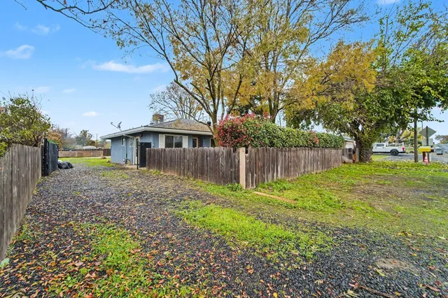 a view of a house with backyard and a tree