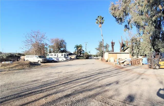 a view of a park with large trees