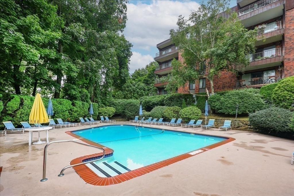 1006 Paradise Road, Unit 3R Swampscott, MA 01907 - Photo 31 of 34 a view of a swimming pool with a bench and trees in the background
