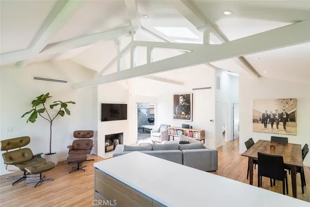 a living room with furniture a fireplace and a potted plant