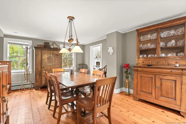 a view of a dining room with furniture window and outside view