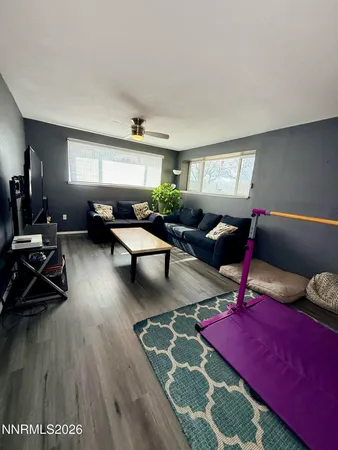 a living room with furniture rug and window