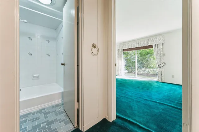 a bathroom with a bathtub and shower