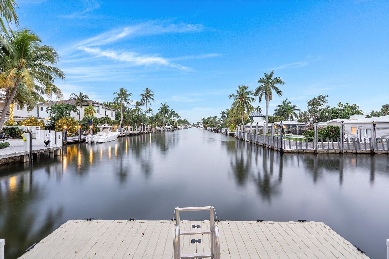 a view of a lake with boats and palm trees