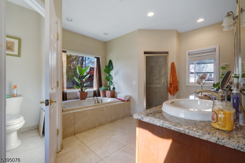 24 Woodland Road Clark, NJ 07066 - Photo 14 of 45 a bathroom with a granite countertop sink a toilet and a large mirror