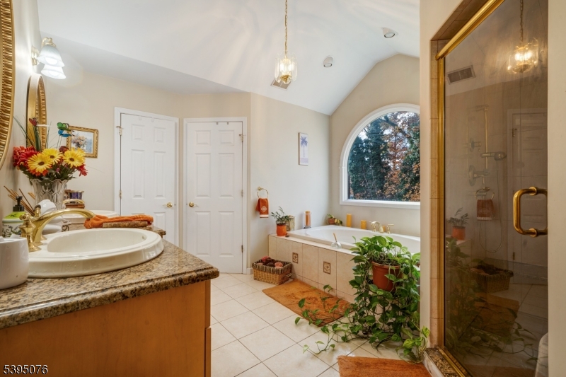24 Woodland Road Clark, NJ 07066 - Photo 25 of 45 a bathroom with a granite countertop sink a mirror and a shower