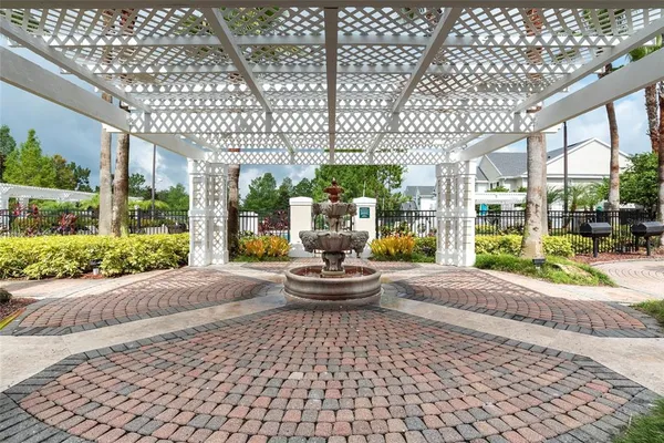 a building exterior with furniture