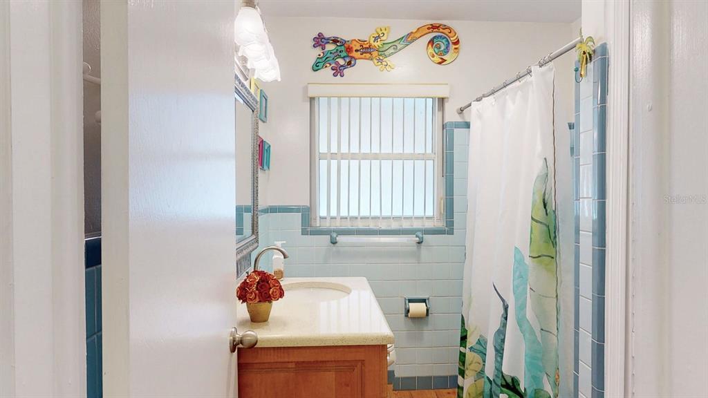 1618 Tuscola Road Clearwater, FL 33756 - Photo 40 of 64 a bathroom with a sink a toilet and a shower curtain
