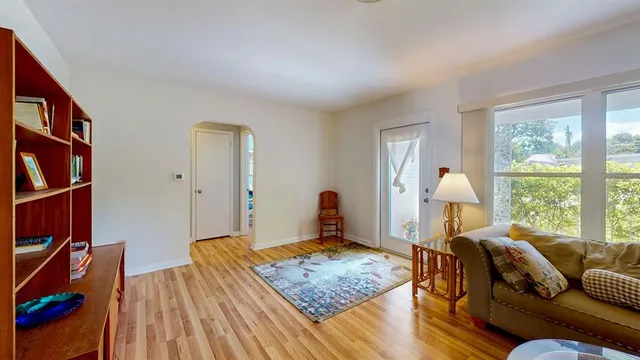 a view of a dining room with furniture
