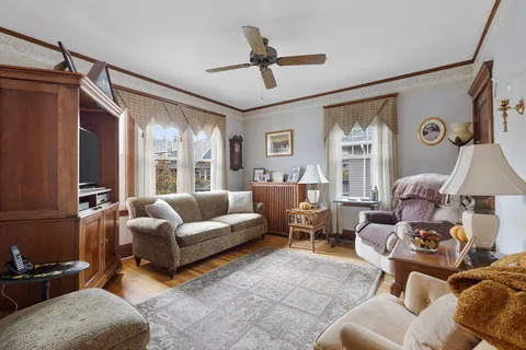 a living room with furniture ceiling fan and a rug