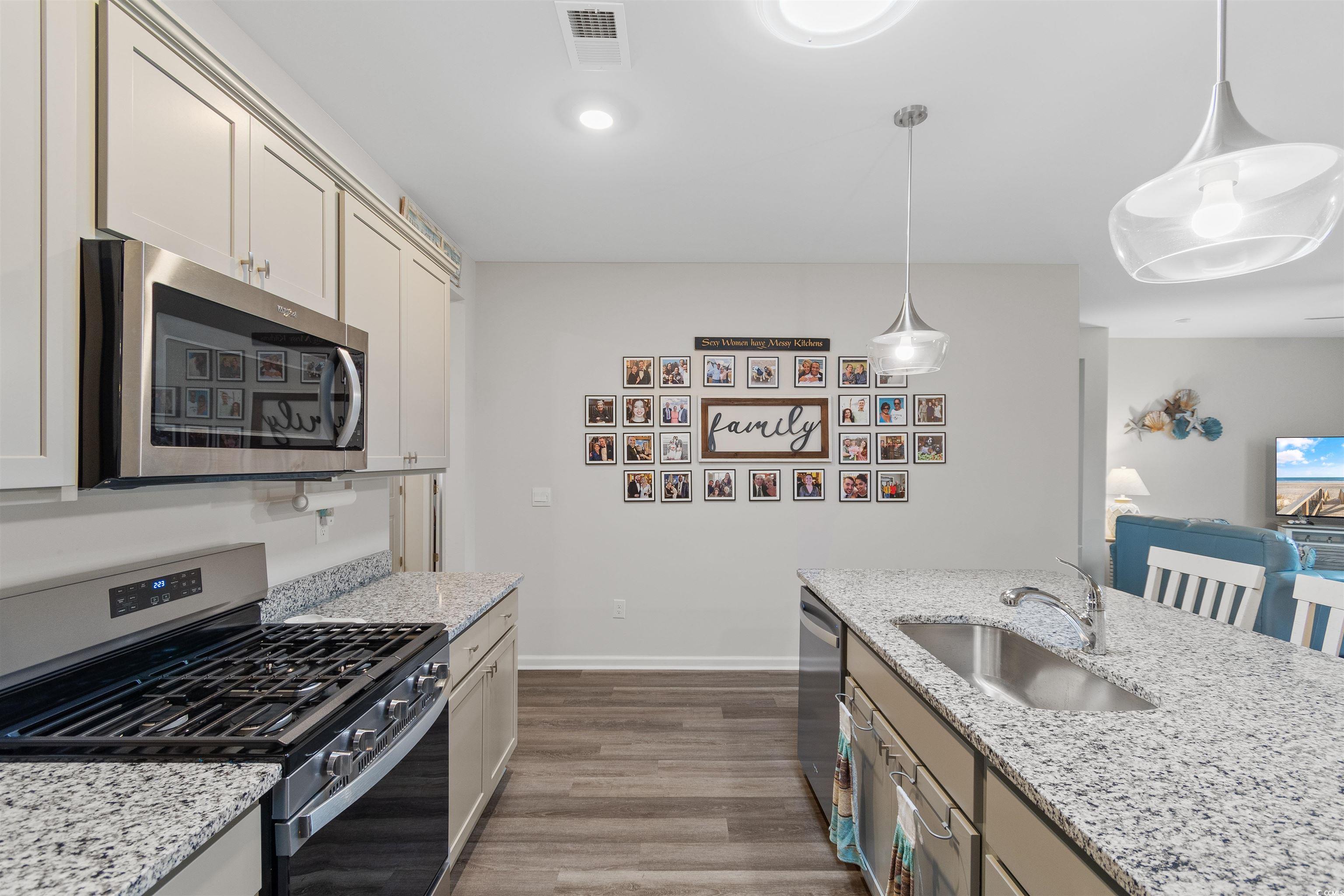 2438 Polaris Path Myrtle Beach, SC 29577 - Photo 5 of 40 Kitchen with appliances with stainless steel finishes, dark wood-style flooring, decorative light fixtures, and light stone counters
