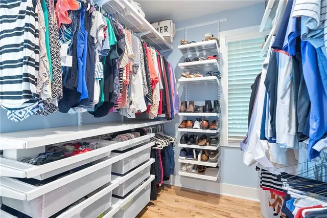 a view of a garden with large trees