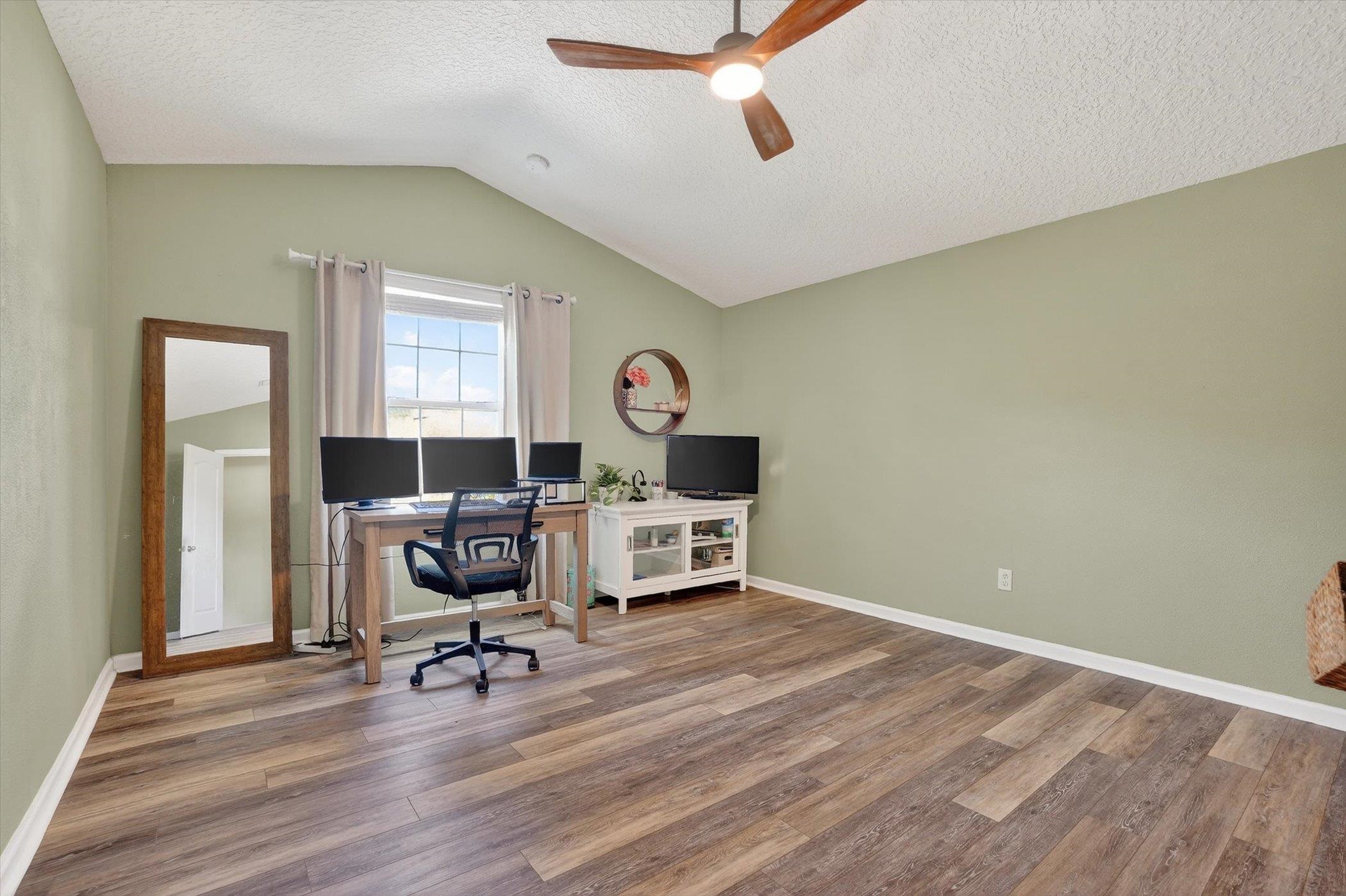 137 Fallen Timber Way St. Augustine, FL 32084 - Photo 32 of 45 Office space with wood finished floors, a textured ceiling, and ceiling fan