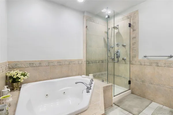a bathroom with a bathtub and a shower
