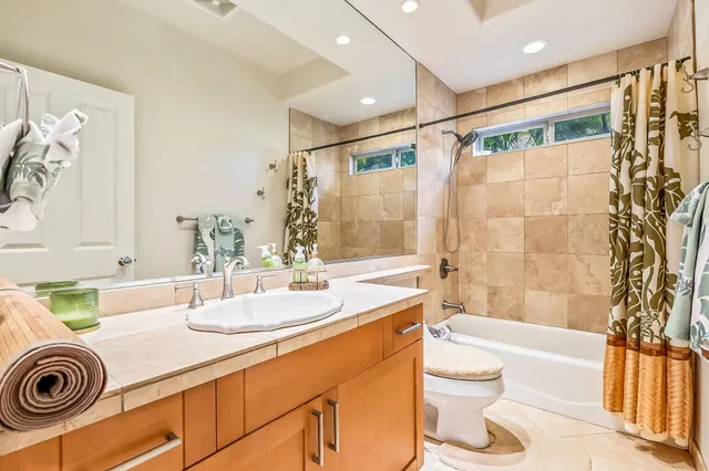 a bathroom with a sink a toilet and shower curtain