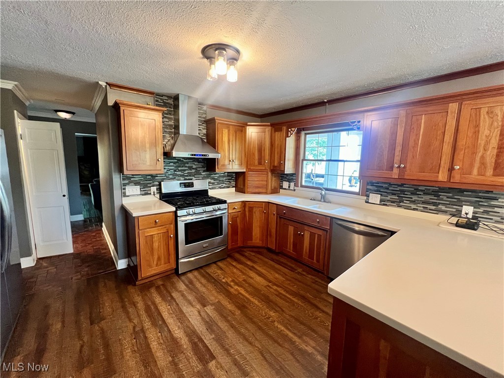 3840 Tabor Ridge Road Northeast Mineral City, OH 44656 - Photo 15 of 40 Kitchen with wall chimney range hood, dark hardwood / wood-style flooring, appliances with stainless steel finishes, decorative backsplash, and ornamental molding