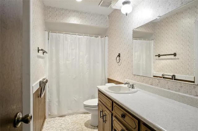 a bathroom with a sink a toilet a mirror and shower