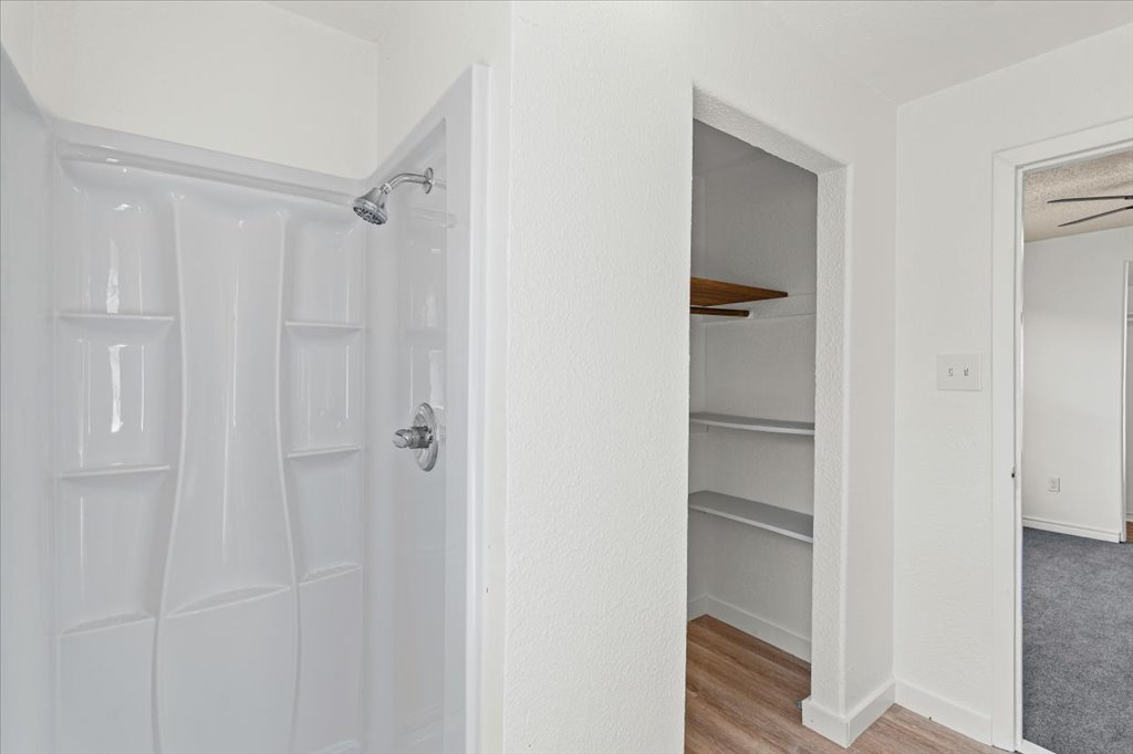 205 Cisneros Street Kyle, TX 78640 - Photo 11 of 17 Bathroom with a shower, light wood-style flooring, a walk in closet, and ceiling fan