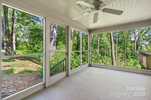 a view of a garden with plants and large windows