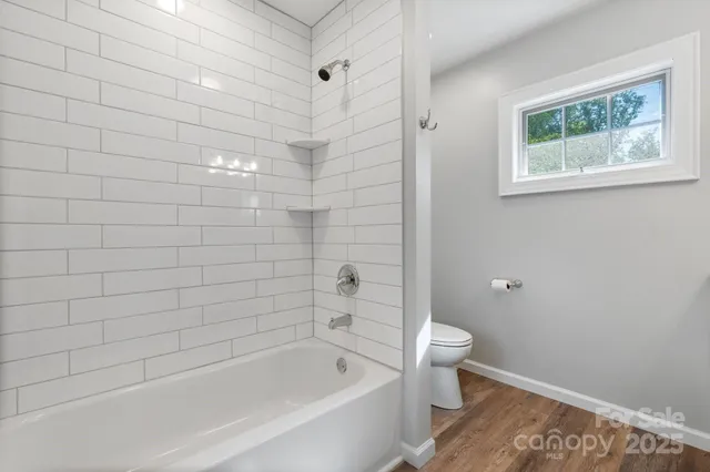 a bathroom with a bathtub and a toilet