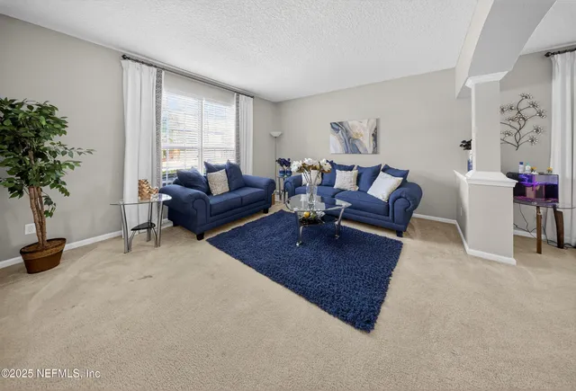 a living room with furniture potted plant and a window