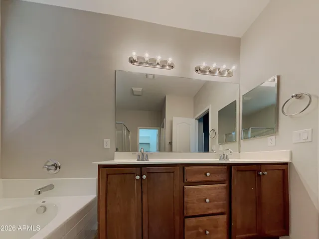 a bathroom with a double vanity sink and a bathtub