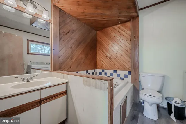 a bathroom with a sink mirror vanity and toilet
