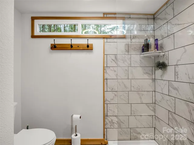 a bathroom with a toilet and a shower