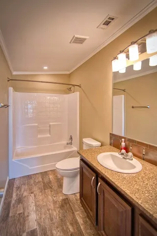 a bathroom with a granite countertop toilet sink and mirror