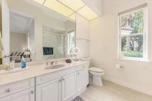 a bathroom with a sink toilet vanity and shower