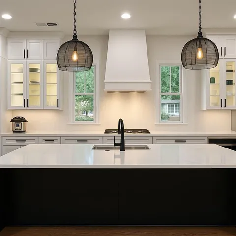 a kitchen with granite countertop a sink a counter space appliances and cabinets