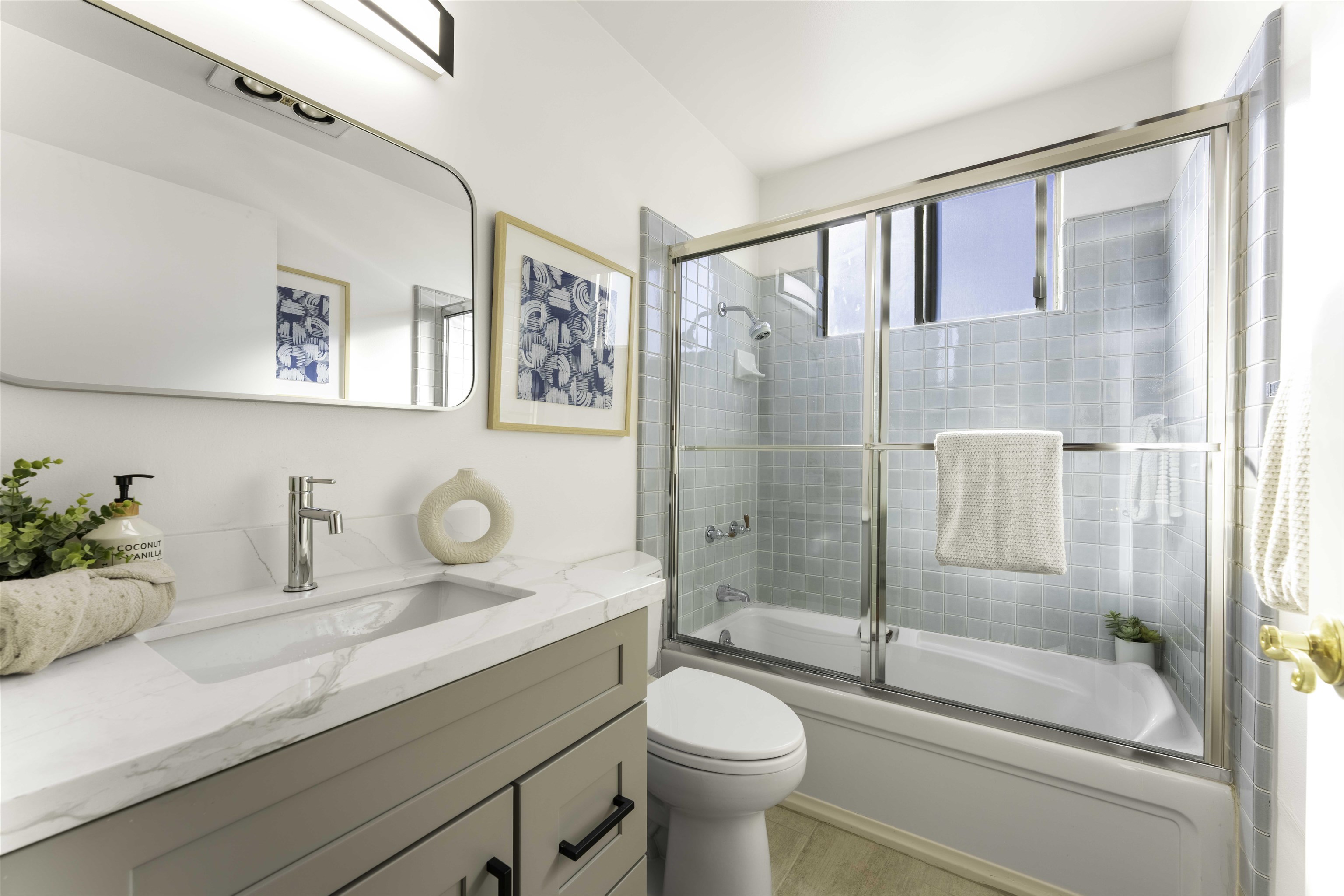 20 Fircrest Court San Ramon, CA 94583 - Photo 30 of 38 a bathroom with a granite countertop sink a toilet and shower