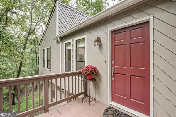 a porch with seating space
