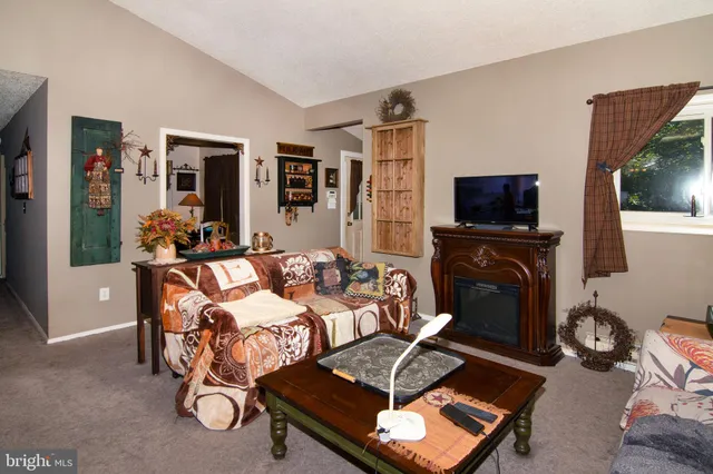 a living room with furniture a flat screen tv and a fireplace
