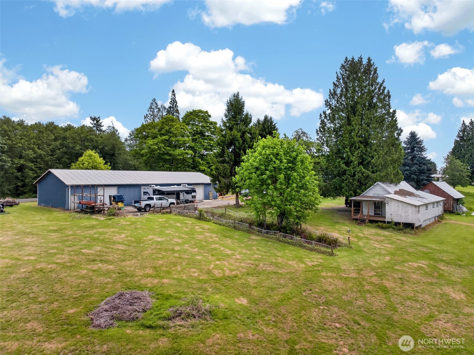a aerial view of a house with garden