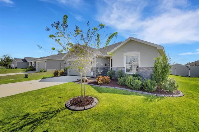 a front view of house with yard and green space