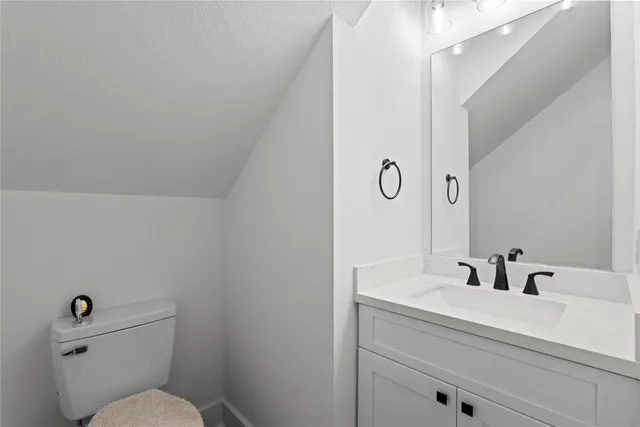a bathroom with a sink mirror and toilet