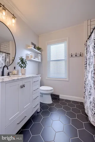 a bathroom with a sink mirror and a toilet