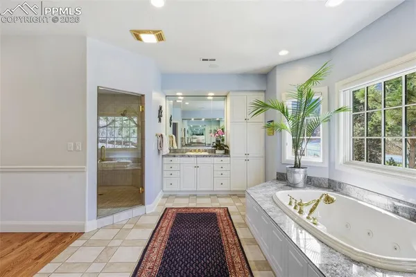 a spacious bathroom with a tub a potted plant and a shower
