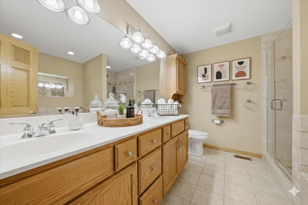 3688 Warwick Drive Crete, IL 60417 - Photo 14 of 27 a bathroom with a double vanity sink mirror and shower