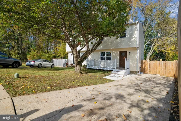 a view of a yard with a house and a large tree