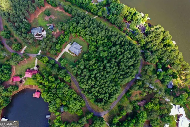 an aerial view of a house with garden space and trees all around