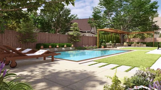 a view of a patio with table and chairs potted plants and large tree