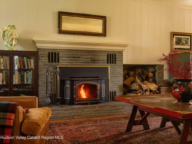 a living room with a potted plant
