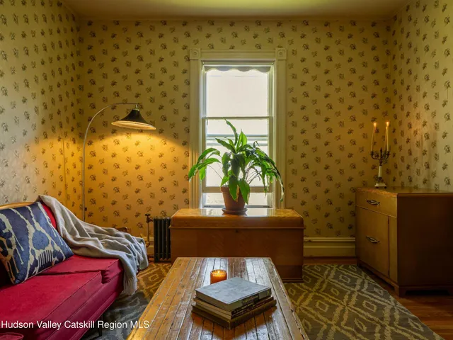 a living room with furniture and a potted plant