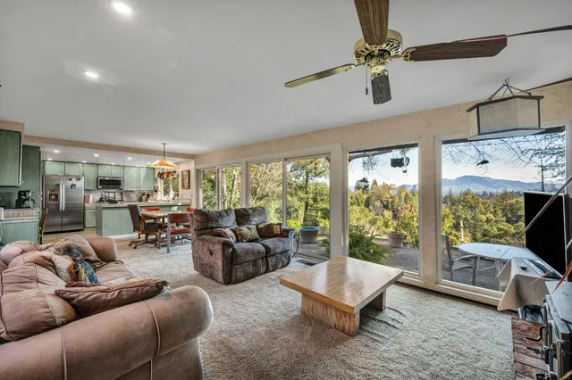 a living room with furniture a fireplace and a floor to ceiling window