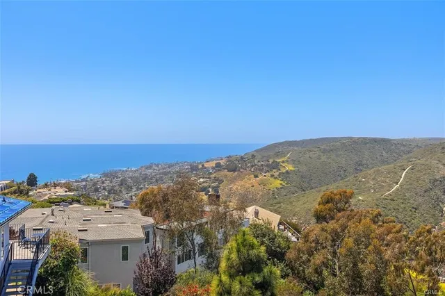 an aerial view of ocean and trees
