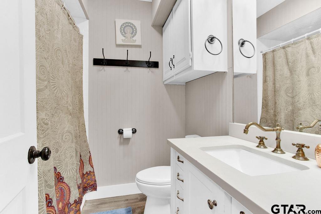 1339 Bridle Path Lane Hideaway, TX 75771 - Photo 29 of 41 a bathroom with a granite countertop sink toilet and a mirror