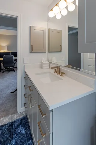 a bathroom with a sink and a mirror