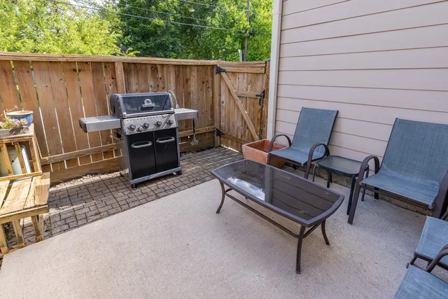 a building outdoor space with patio furniture
